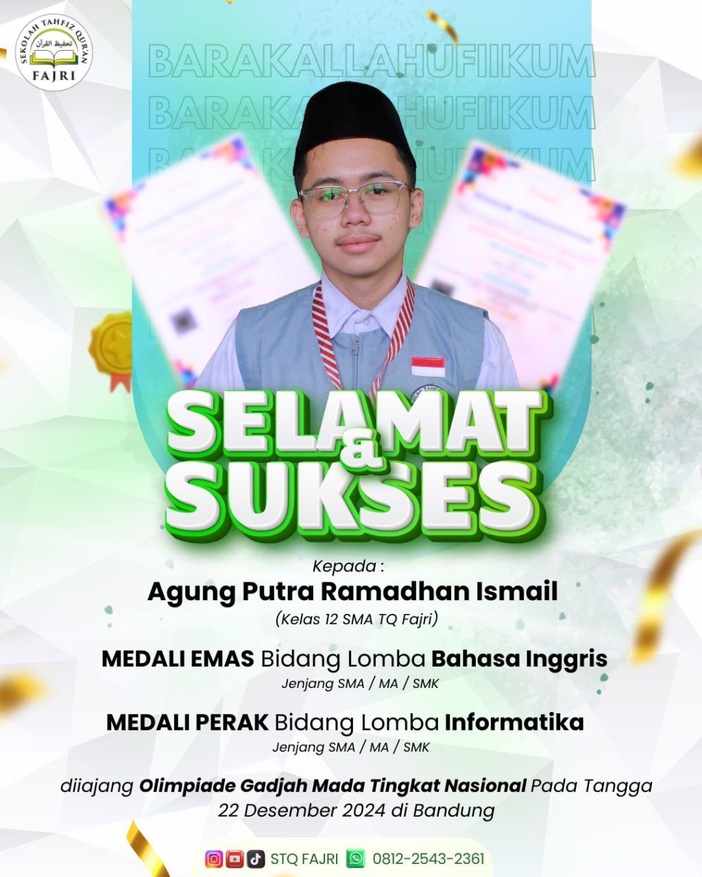 Siswa SMATQ Hasmi Putra Berhasil Meraih Juara di OLIMPIADE GAJAH MADA Tingkat Nasional